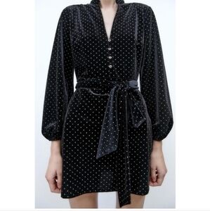 Zara Womens Long Sleeve Beaded Velvet Belted Golden Studded Mini Dress. Sz Small